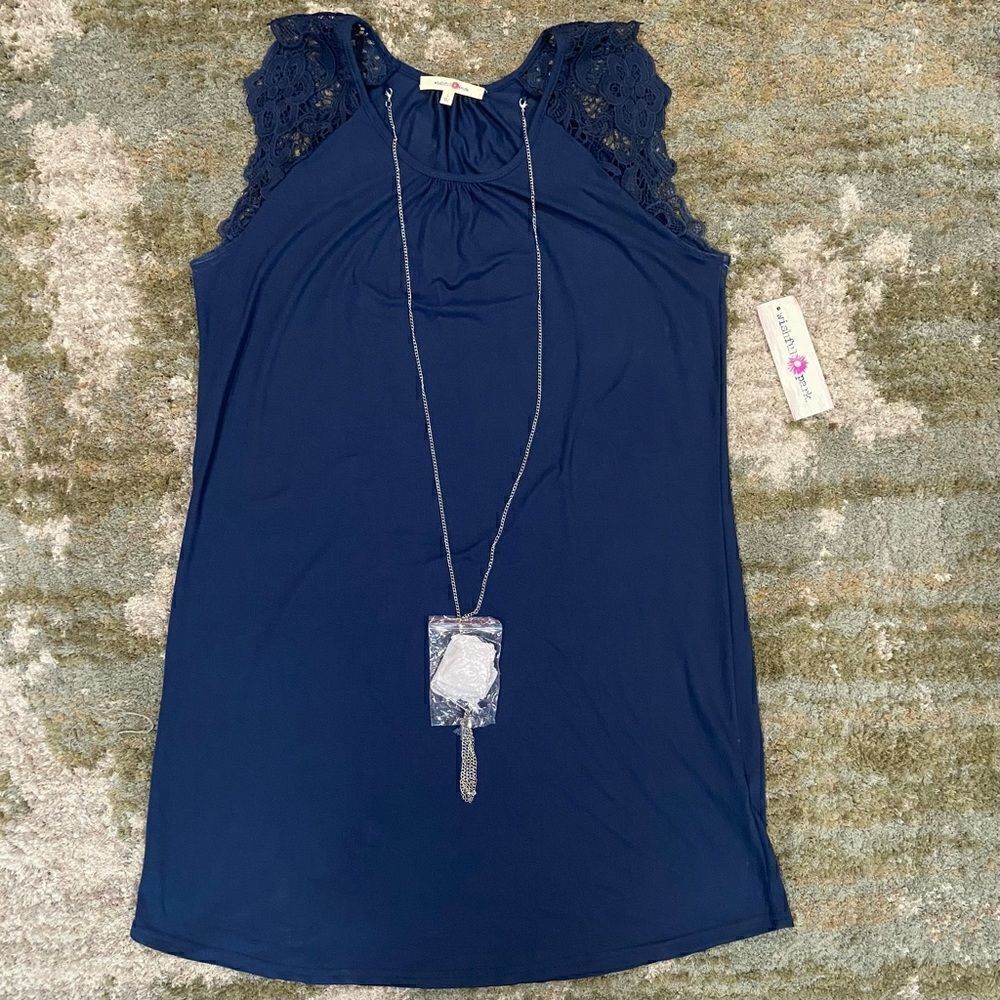116. Wishful Park Navy Blue Lace Shoulder Size L T-shirt Dress with necklace NWT